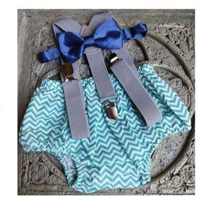 NWOT Boy cake smash outfit Teal white chevron, grey suspenders, blue bow tie